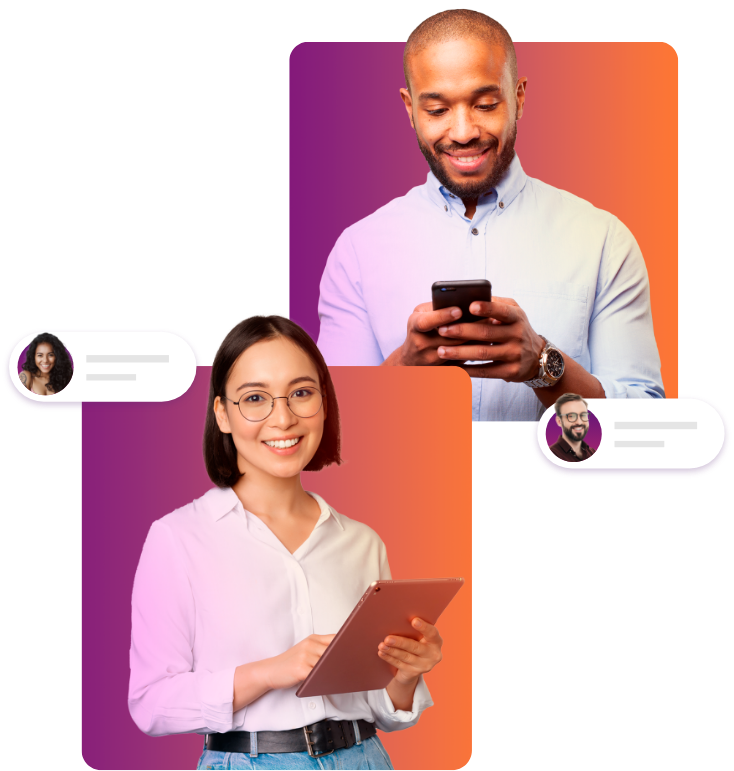 Um homem utilizando celular e uma mulher utilizando tablet interagindo nas redes sociais corporativas.